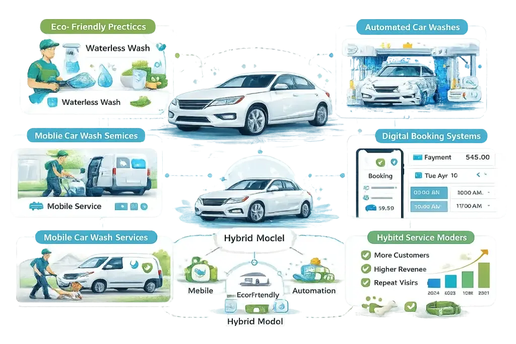 Top 10 Ideas for Car Wash and Detailing Business Startups 1 Car wash business trends infographic with mobile services, automation, eco-friendly practices, and digital booking systems
