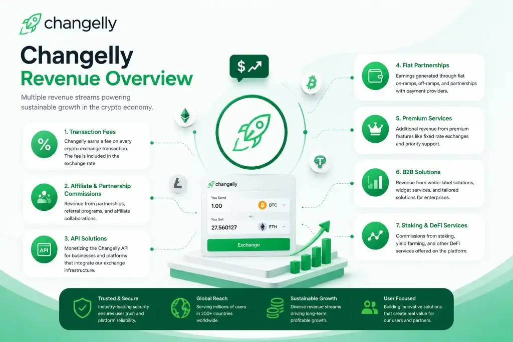 Changelly Revenue Model: How Changelly Makes Money 1 Changelly revenue overview showing crypto exchange fees, API solutions, affiliate commissions, and DeFi services