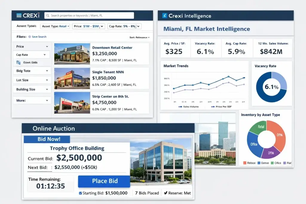 What Is Crexi and How Does It Work? 2 CREXI platform showing commercial property listings, market analytics, and online auction dashboard