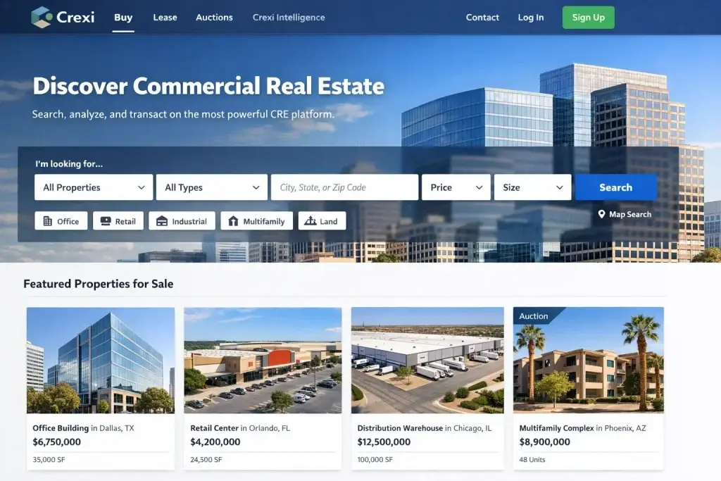 What Is Crexi and How Does It Work? 1 CREXI website showing commercial real estate search and featured property listings
