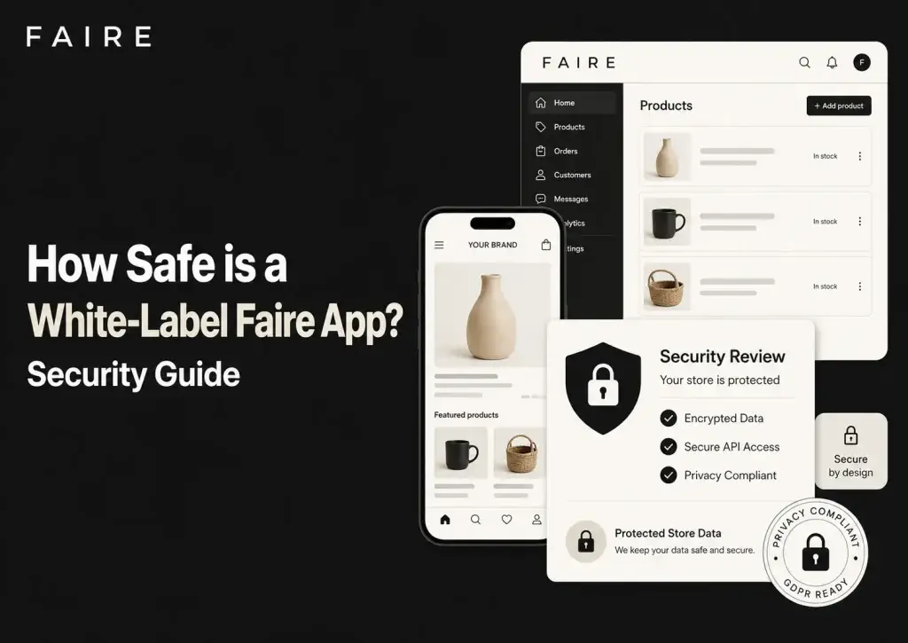 Infographic showing white-label Faire app security guide with encrypted data, secure API access, privacy compliance, protected store data, and secure marketplace dashboard.