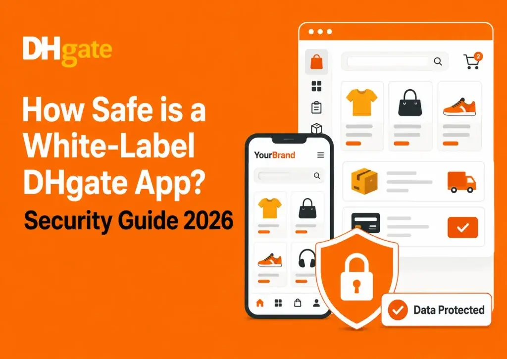 Illustration showing white-label DHgate app security with secure ecommerce marketplace interface, protected transactions, mobile shopping app, and data protection shield.