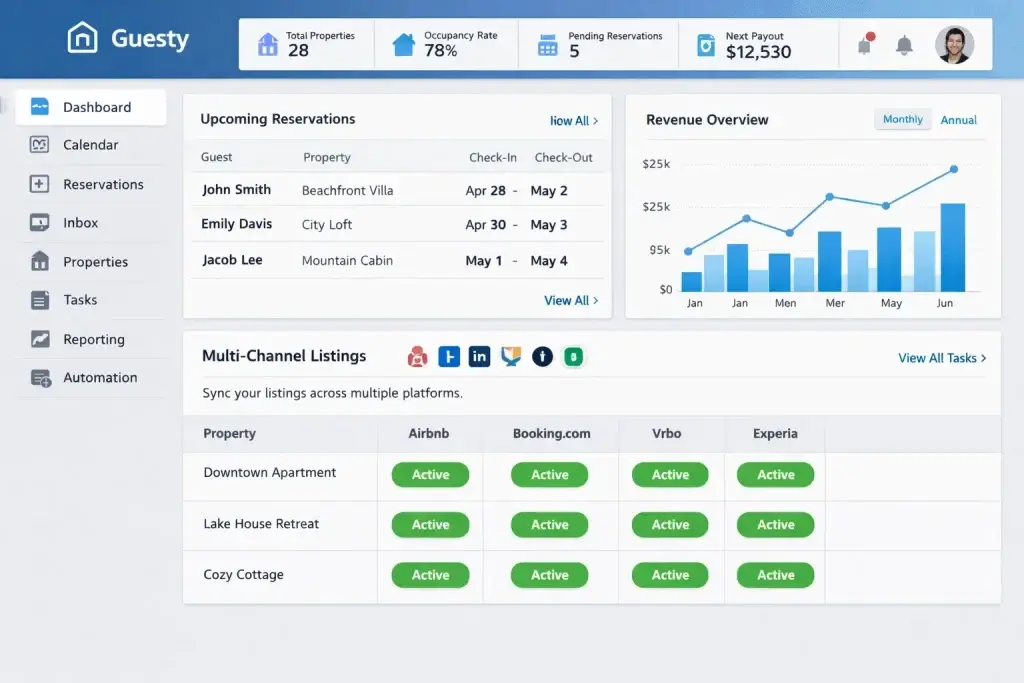 What Is Guesty and How Does It Work? 1 Guesty property management dashboard showing reservations, revenue overview, and multi-channel rental listings