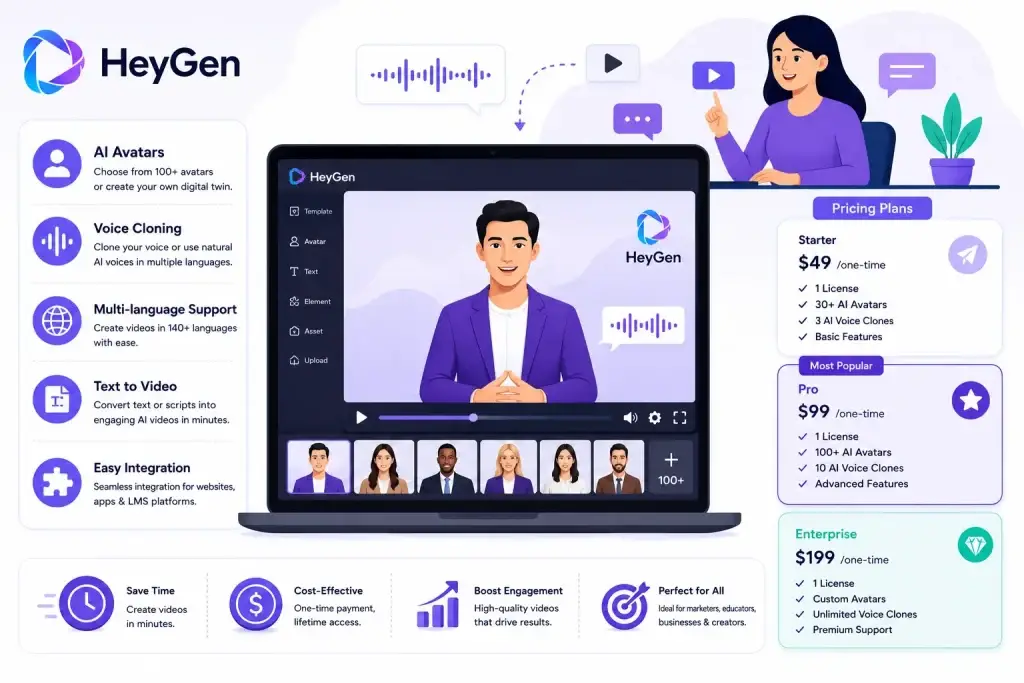 Best HeyGen Clone Script 2026 : Build Your Own AI Avatar Video Platform 1 HeyGen AI avatar video platform infographic showing AI avatars, voice cloning, multilingual video generation, text to video features, and pricing plans