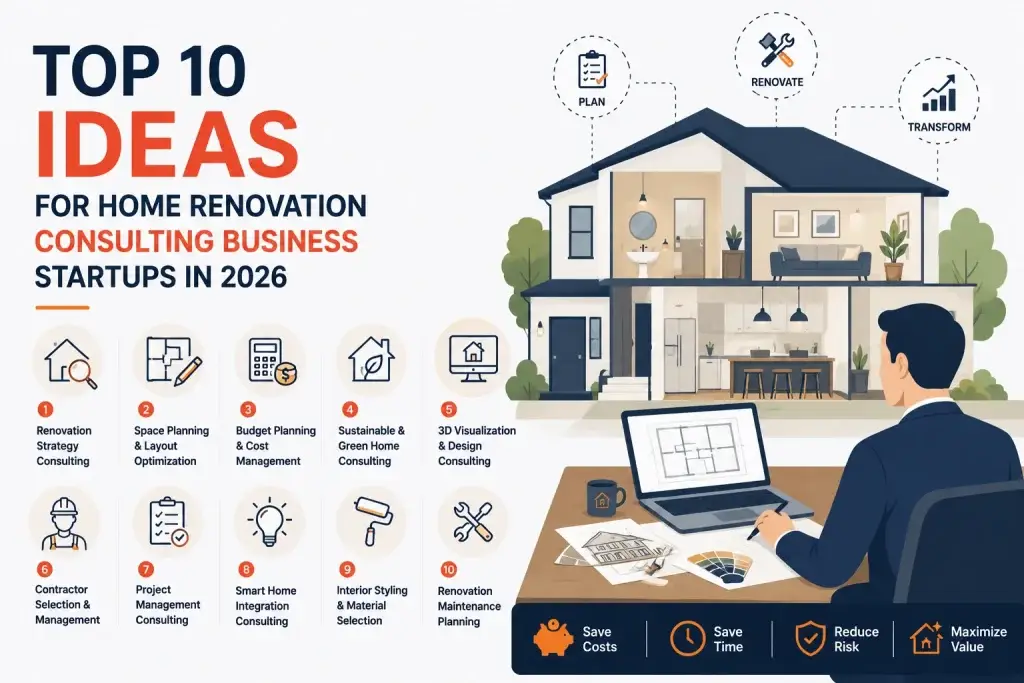 Top home renovation consulting business startup ideas infographic for 2026