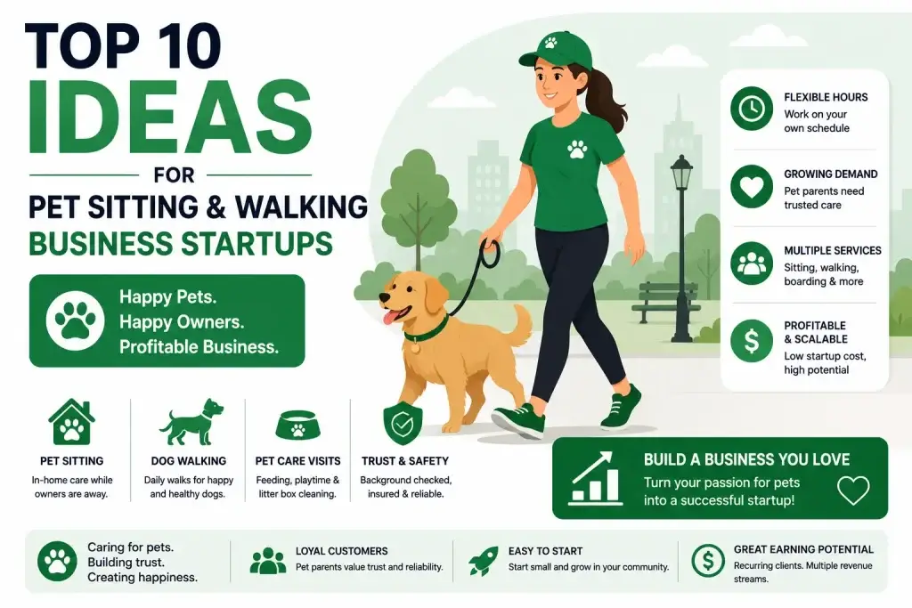 Top pet sitting and dog walking business startup ideas infographic