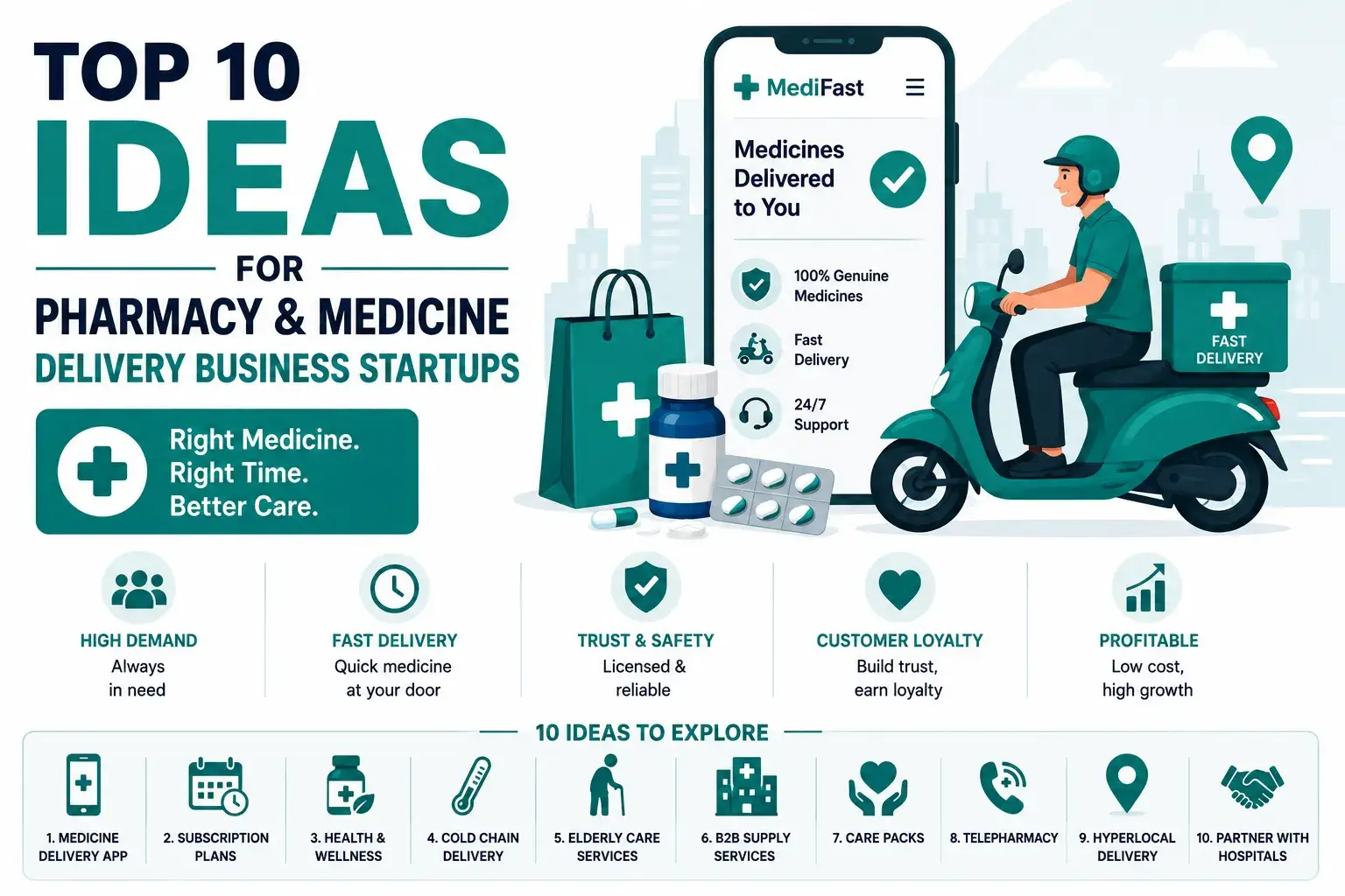 Top pharmacy and medicine delivery business startup ideas infographic