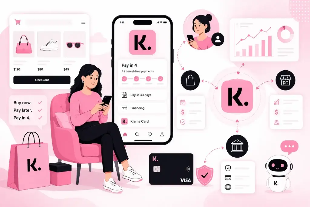 Business Model of Klarna: Complete Strategy Breakdown 2026 1 Klarna shopping and Buy Now Pay Later app illustration with Pay in 4, financing options, Klarna card, ecommerce checkout, and fintech ecosystem visuals