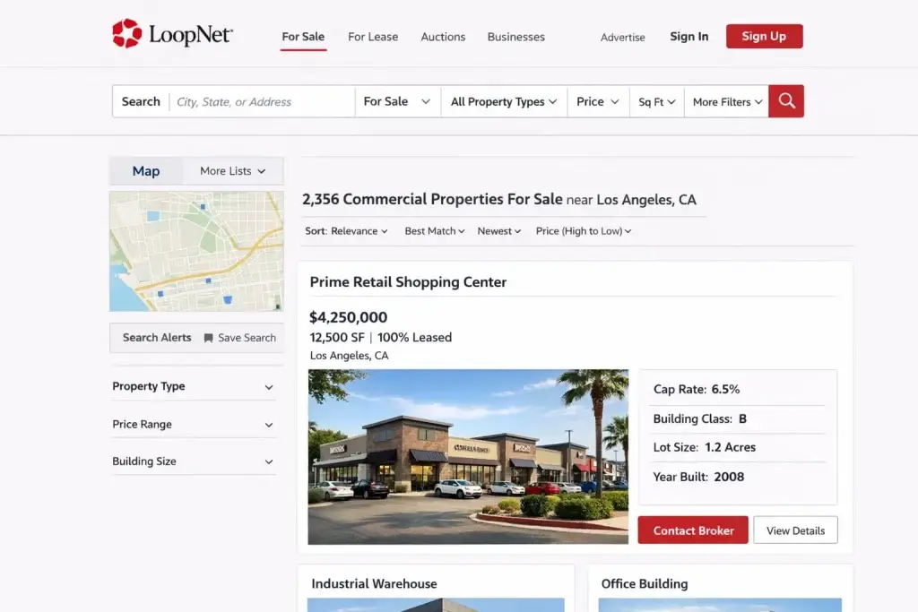 What Is LoopNet and How Does It Work? 1 LoopNet commercial property listing showing prime retail shopping center for sale in Los Angeles.