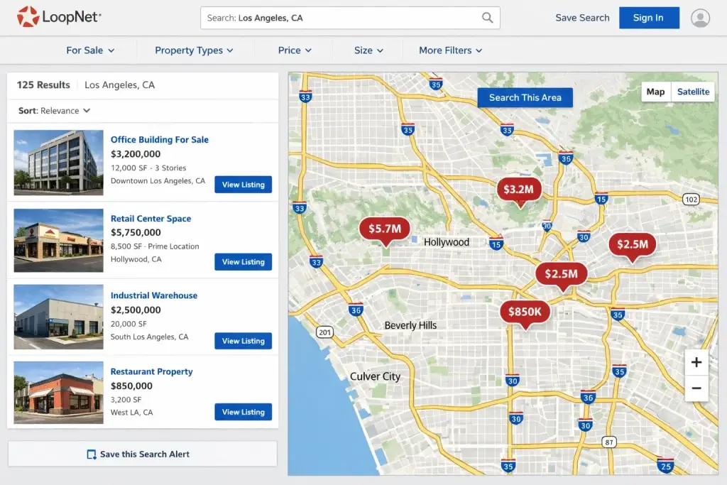 What Is LoopNet and How Does It Work? 2 LoopNet commercial real estate map search showing property prices and listings across Los Angeles