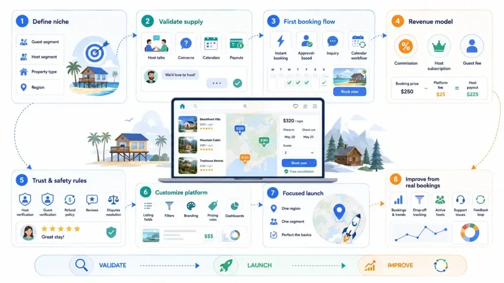 How to Launch a Niche Vacation Rental Marketplace Without Building Every Module From Scratch 2 Niche vacation rental marketplace launch roadmap covering niche selection, supply validation, booking flow, revenue model, trust, customization, launch, and optimization