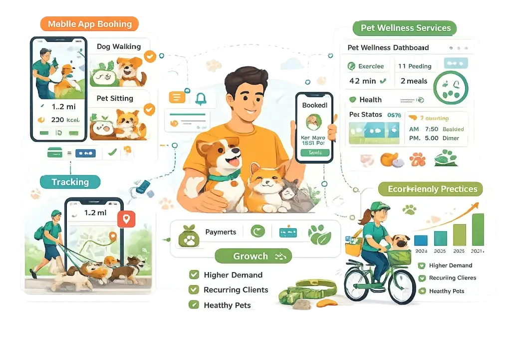 Top 10 Ideas for Pet Sitting and Walking Business Startups 1 Digital pet care and wellness booking platform infographic