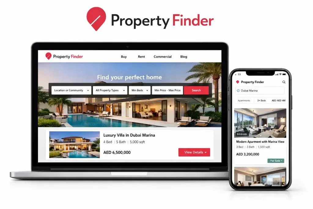 What Is Property Finder and How Does It Work? 1 Property Finder real estate platform showing property search website and mobile app interface