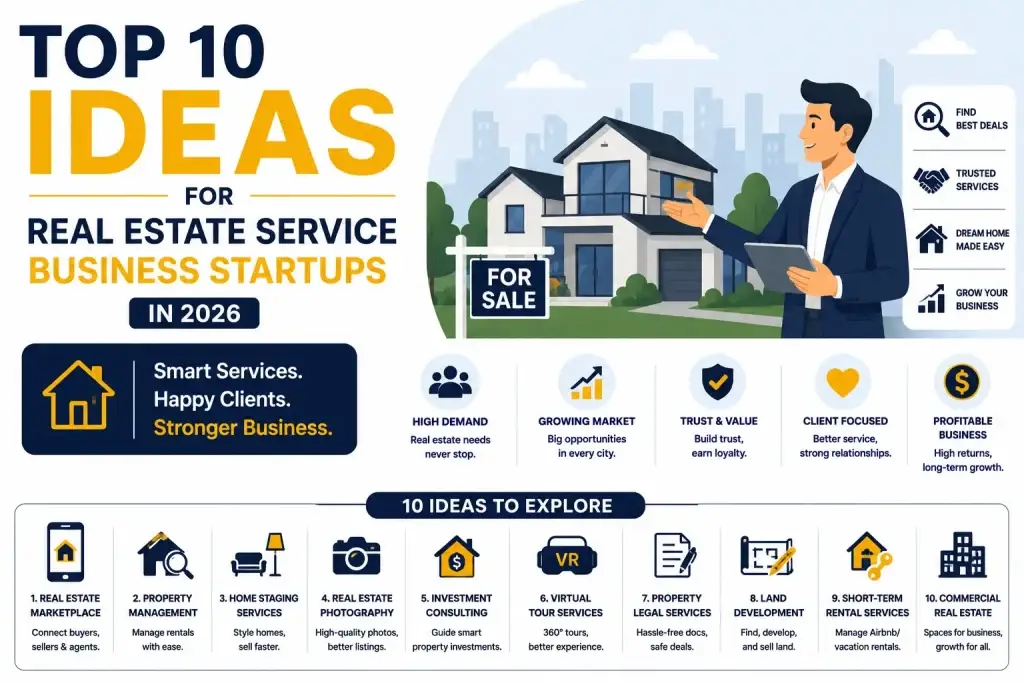 Top real estate service business startup ideas infographic for 2026