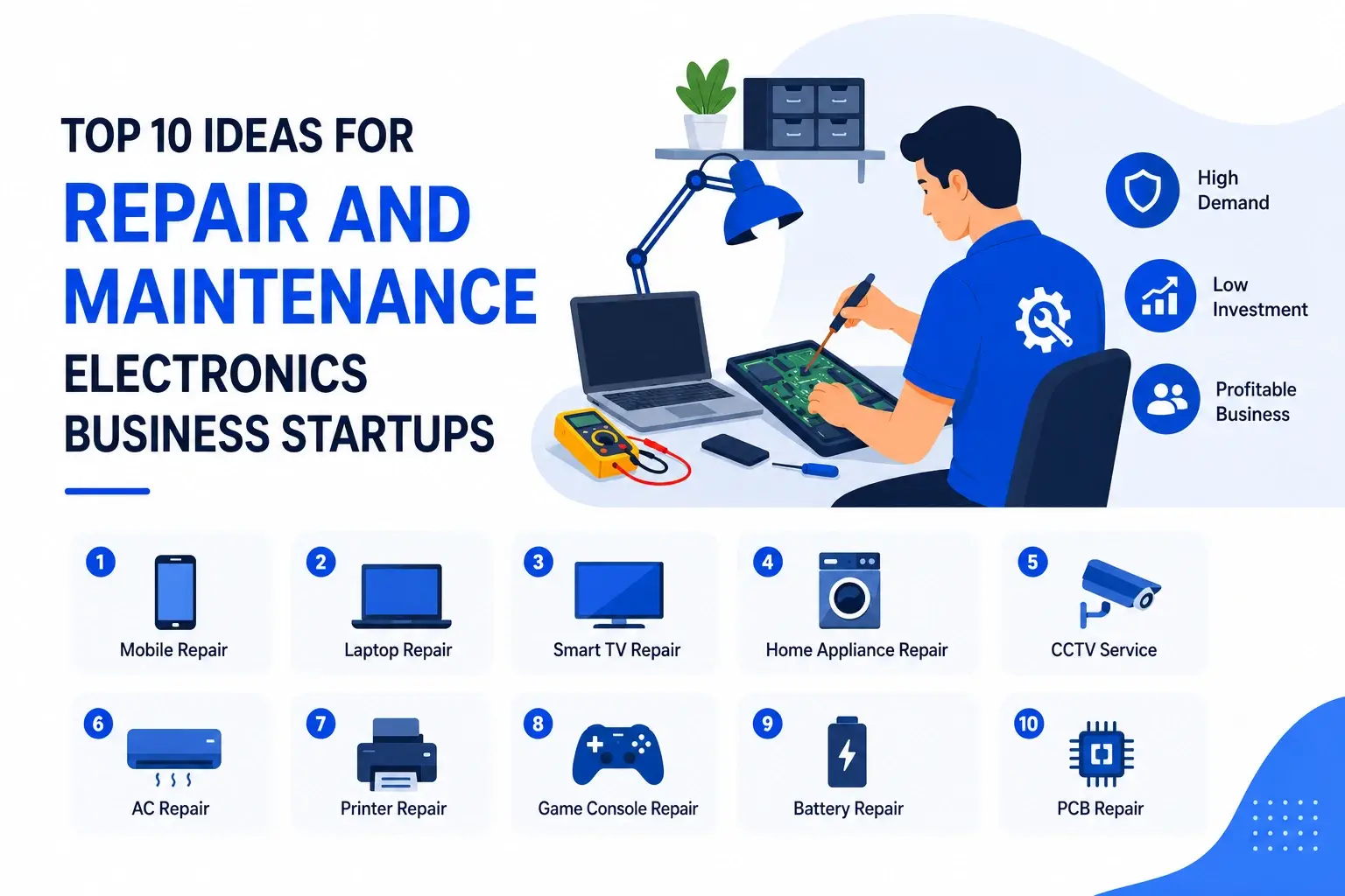 Infographic showing top repair and maintenance electronics business startup ideas including mobile repair, laptop repair, CCTV service, and PCB repair.