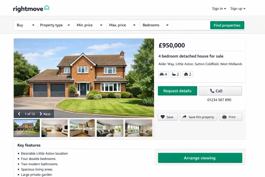 What Is Rightmove and How Does It Work? 1 Rightmove property listing showing a 4 bedroom detached house for sale in Little Aston Sutton Coldfield.
