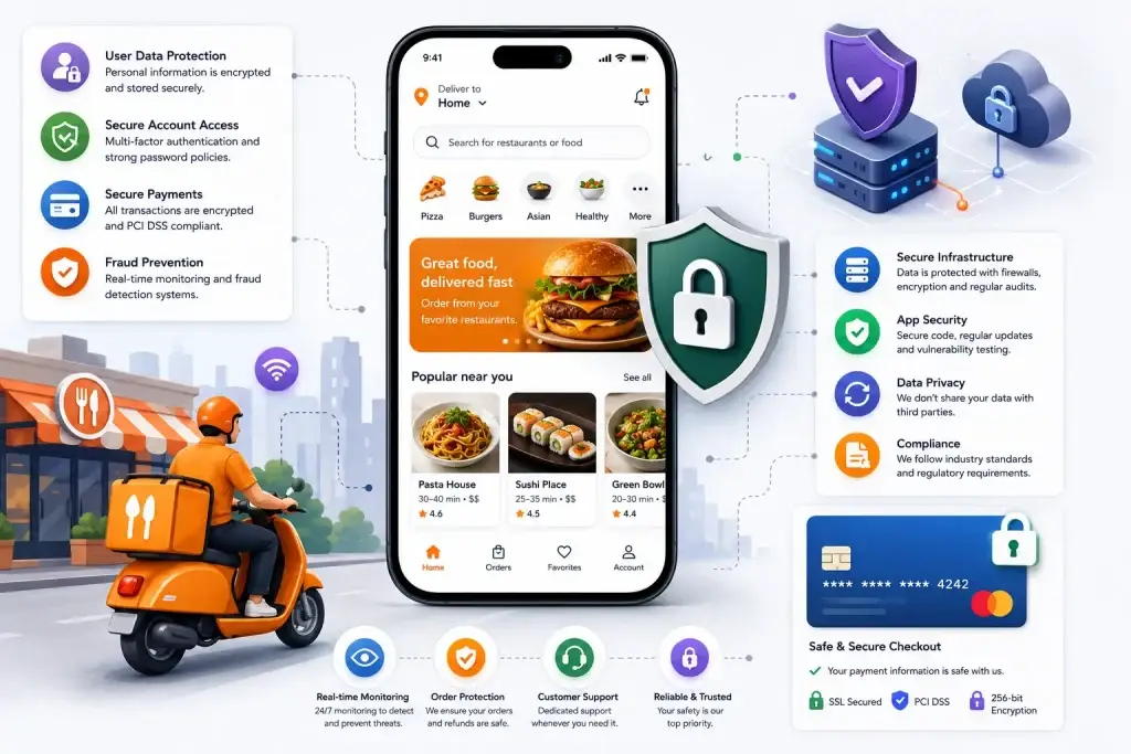 White-Label Grubhub App Security: Risks, Compliance & Safety Standards 2026 1 Secure food delivery mobile app with encrypted payments, fraud prevention, user data protection, and cloud security infrastructure