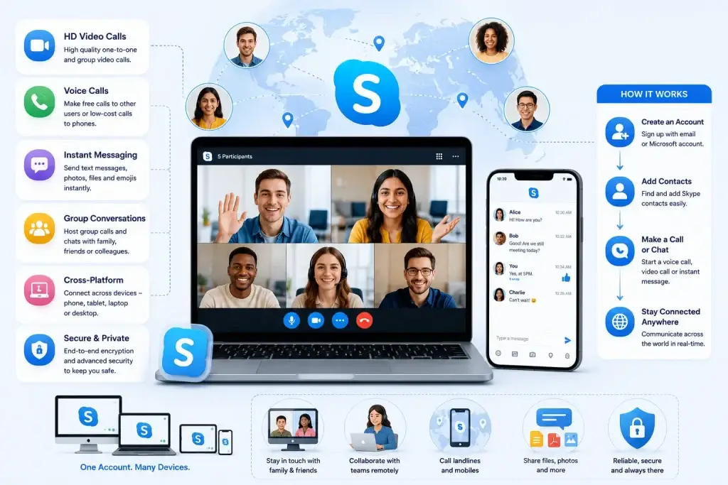 What Is Skype App and How Does It Work? 1 Skype communication platform with global video calling, instant messaging, group conversations, secure chats, and cross-platform connectivity