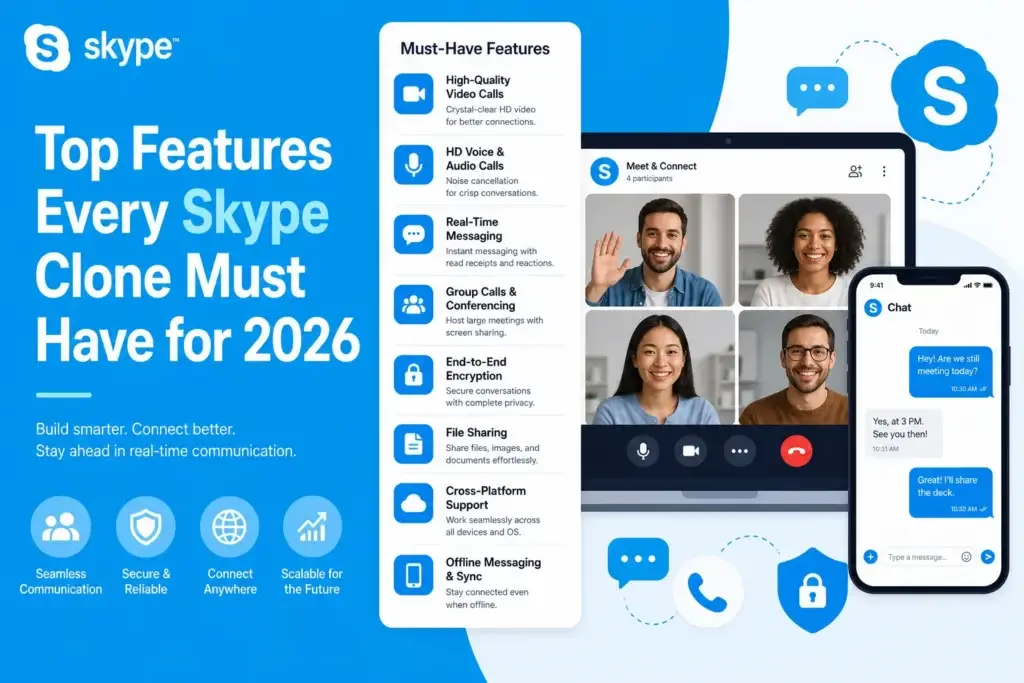 Skype clone app features including video calls, messaging, group calls, encryption, and file sharing