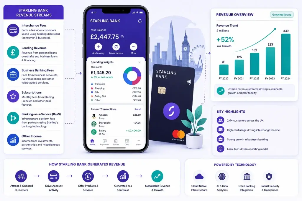 Starling Bank Revenue Model: How Digital Neobanks Make Money in 2026 1 Starling Bank fintech revenue streams dashboard with digital banking app, revenue growth analytics, and subscription income model