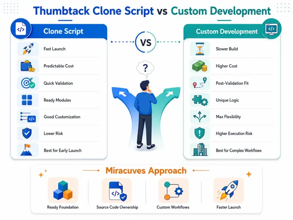 Best Thumbtack Clone Script in 2026: Features & Pricing Compared 2 Comparison between Thumbtack clone script and custom development showing launch speed, cost, validation, ready modules, customization, risk, and source code ownership.