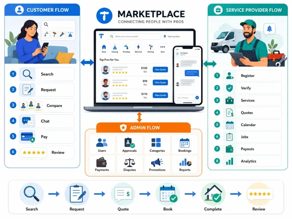 Best Thumbtack Clone Script in 2026: Features & Pricing Compared 1 Thumbtack-like marketplace workflow showing customer flow, service provider flow, admin flow, service search, quote request, booking, payment, job completion, and reviews.