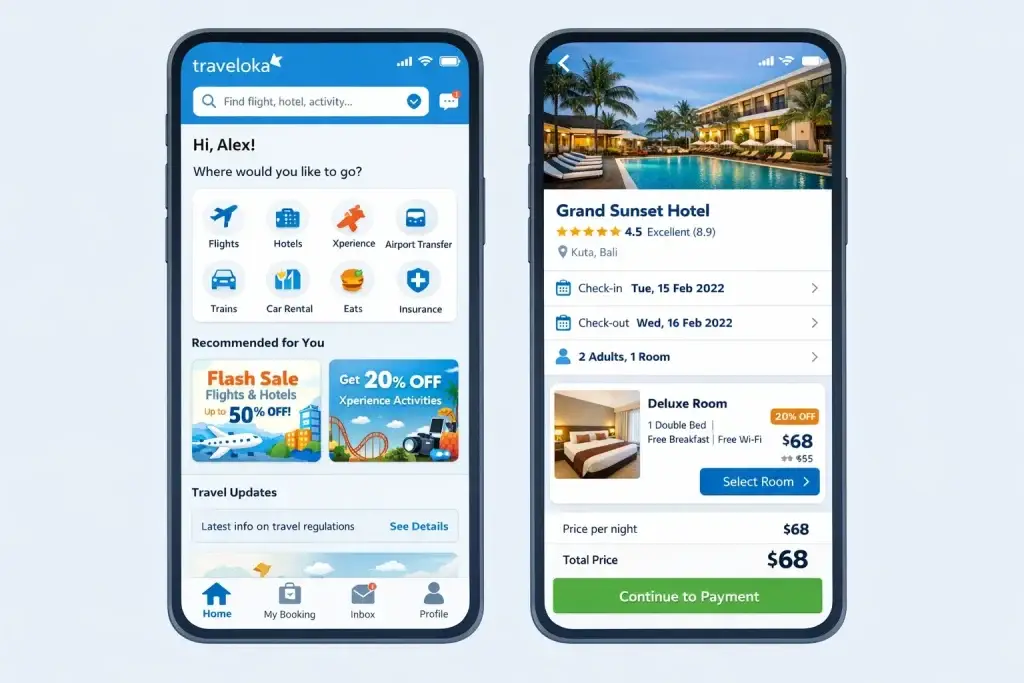 What Is Traveloka and How Does It Work? 1 Traveloka app showing hotel booking details, travel deals, and user dashboard interface