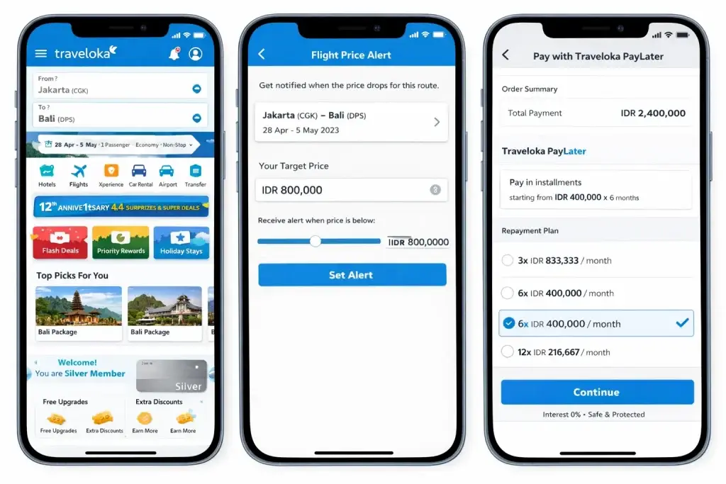 What Is Traveloka and How Does It Work? 2 Traveloka app showing flight price alert feature and PayLater installment payment options