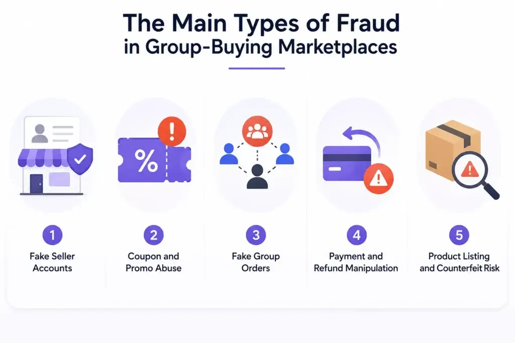 How to Reduce Fraud in Group-Buying Marketplaces: Seller, Payment, and Coupon Abuse Controls 1 Types of fraud in group-buying marketplaces, including fake sellers, coupon abuse, fake orders, refund manipulation, and counterfeit products