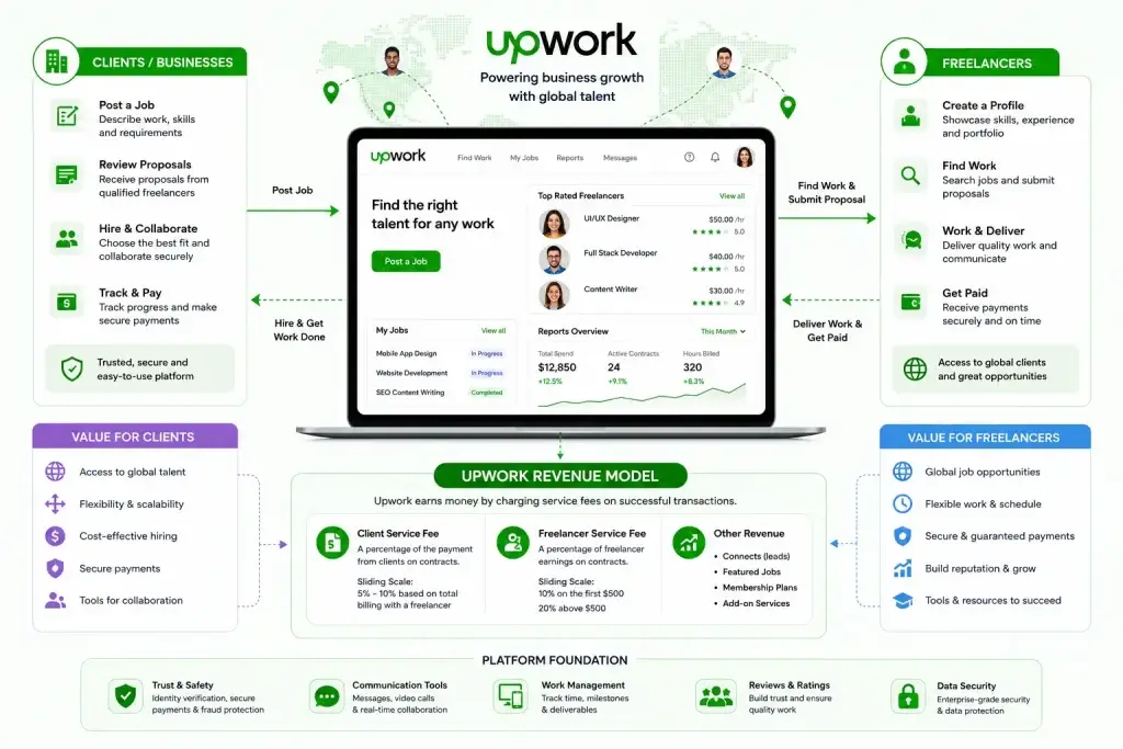 Business Model of Upwork : Complete Strategy Breakdown 2026 1 Upwork freelance marketplace ecosystem showing clients, freelancers, secure payments, job posting workflow, and platform revenue model