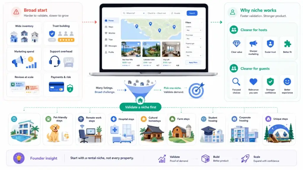 How to Launch a Niche Vacation Rental Marketplace Without Building Every Module From Scratch 1 Vacation rental niche strategy comparing a broad marketplace with focused segments such as pet-friendly, remote work, hospital, farm, student, and unique stays