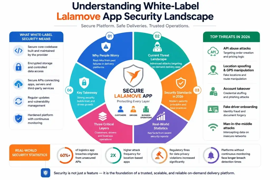 White-Label Lalamove App Security: Risks, Compliance & Safety in 2026 1 Infographic explaining white-label Lalamove app security landscape including API security, GPS protection, fraud prevention, compliance, and delivery platform risks.