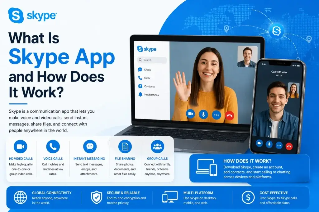 Skype video calling app interface showing voice calls, HD video meetings, instant messaging, file sharing, and global communication features