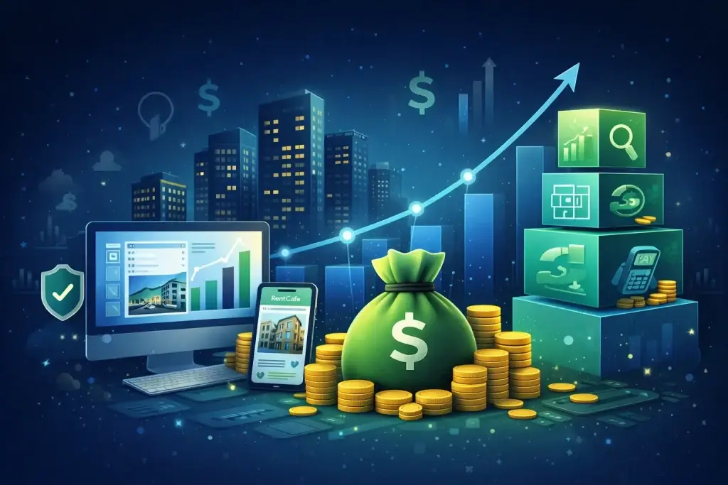 Illustration representing Yardiโs proptech SaaS platform managing real estate data, analytics, and revenue systems.