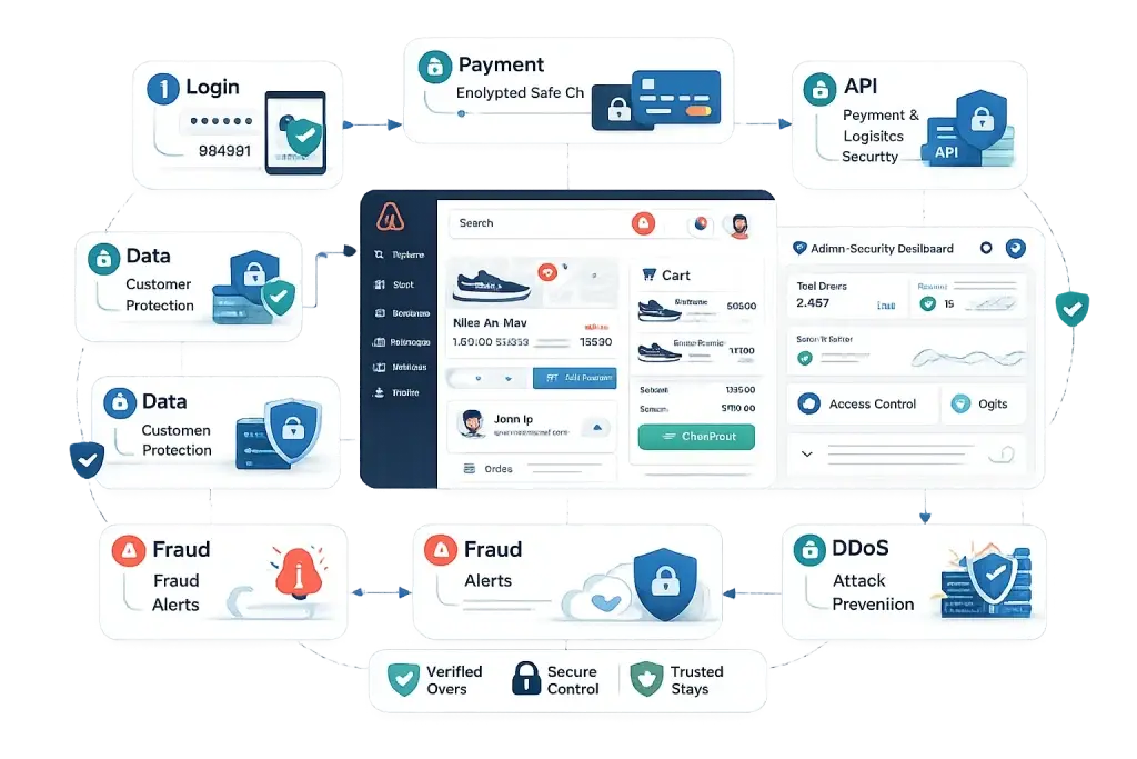 How Safe is a White-Label Zappos Clone? Security Guide 2026 1 White-label ecommerce platform security workflow and protection system infographic