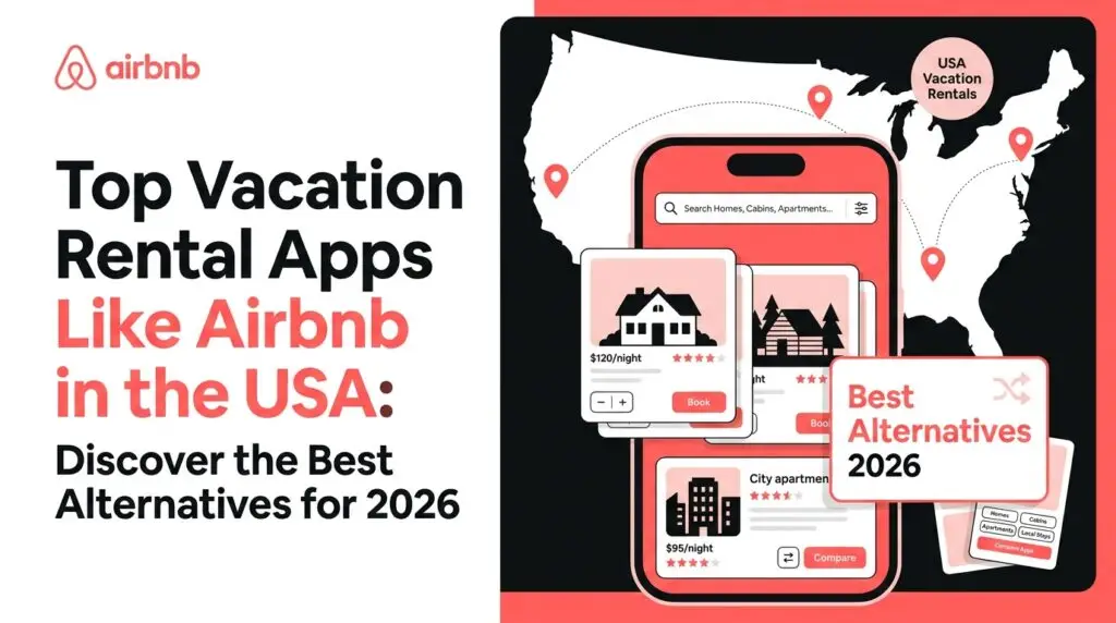 Featured image showing top vacation rental apps like Airbnb in the USA with a mobile booking interface, US map, property listings, nightly prices, ratings, comparison tools, and Airbnb alternatives for 2026.