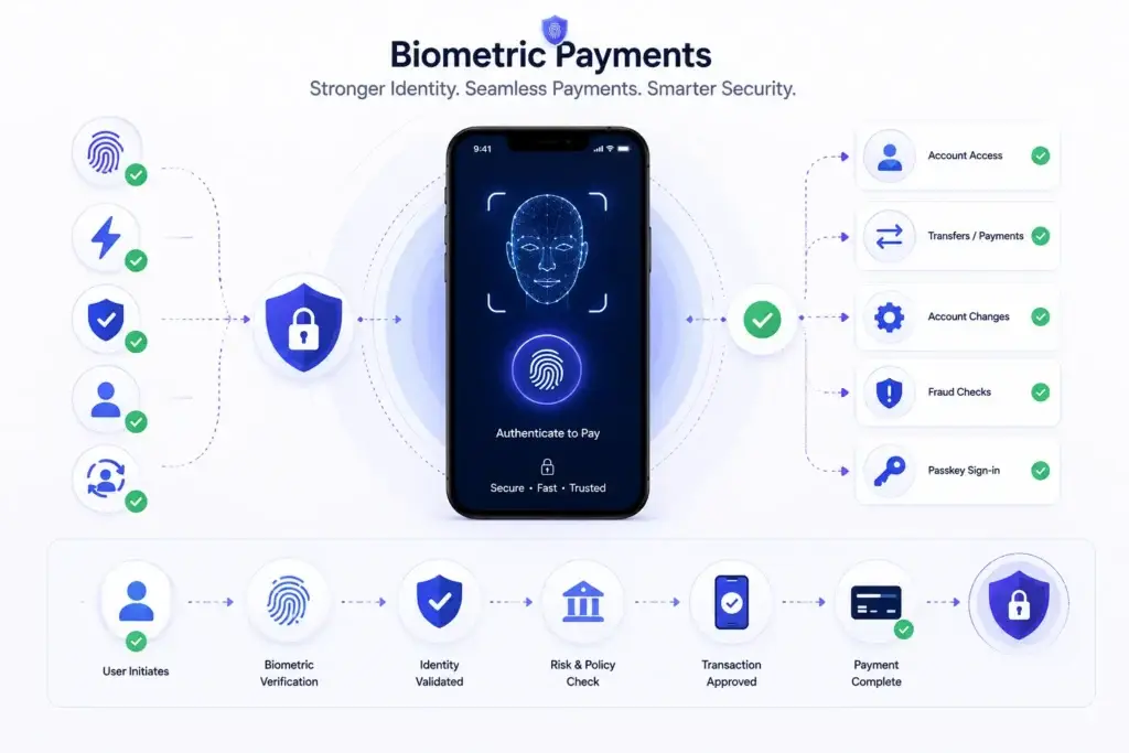 Is AI taking over your wallet? 5 trends that Other Tech Companies hasn't seen yet. 1 Biometric payment authentication infographic showing facial recognition, fingerprint verification, secure mobile payments, fraud prevention, and passkey-based account access workflow.
