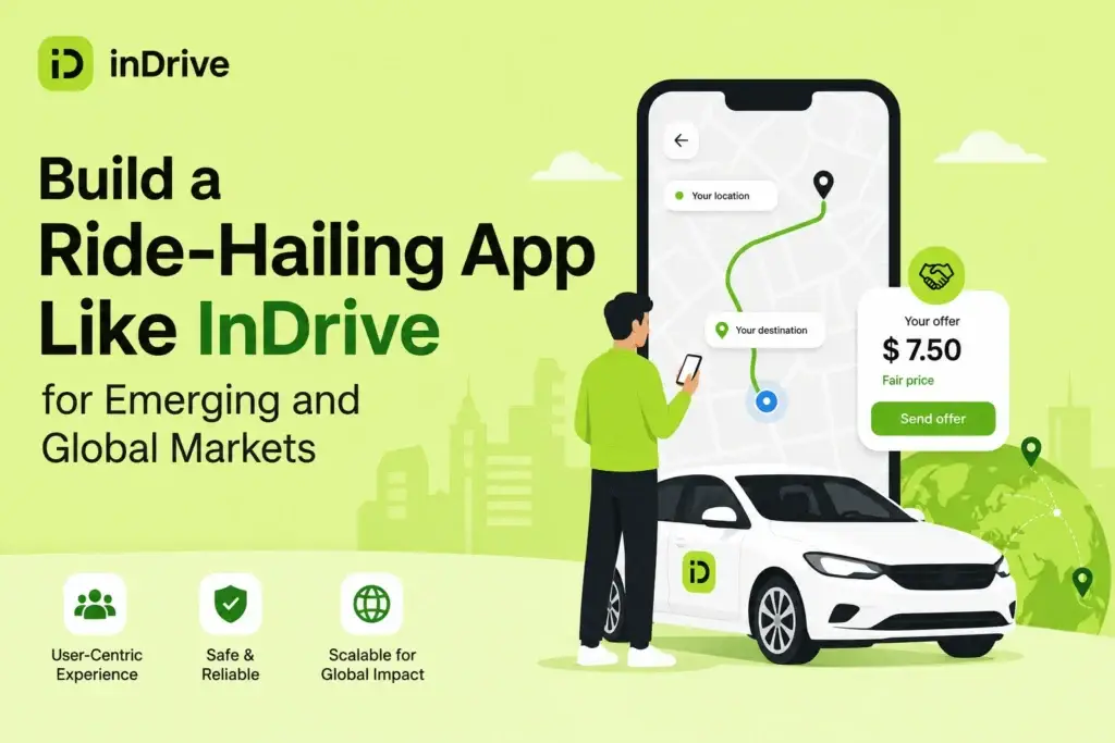 Flat vector illustration showing a Ride-Hailing App Like InDrive with smartphone map UI, fare negotiation interface, car, and global mobility concept for emerging and international markets.