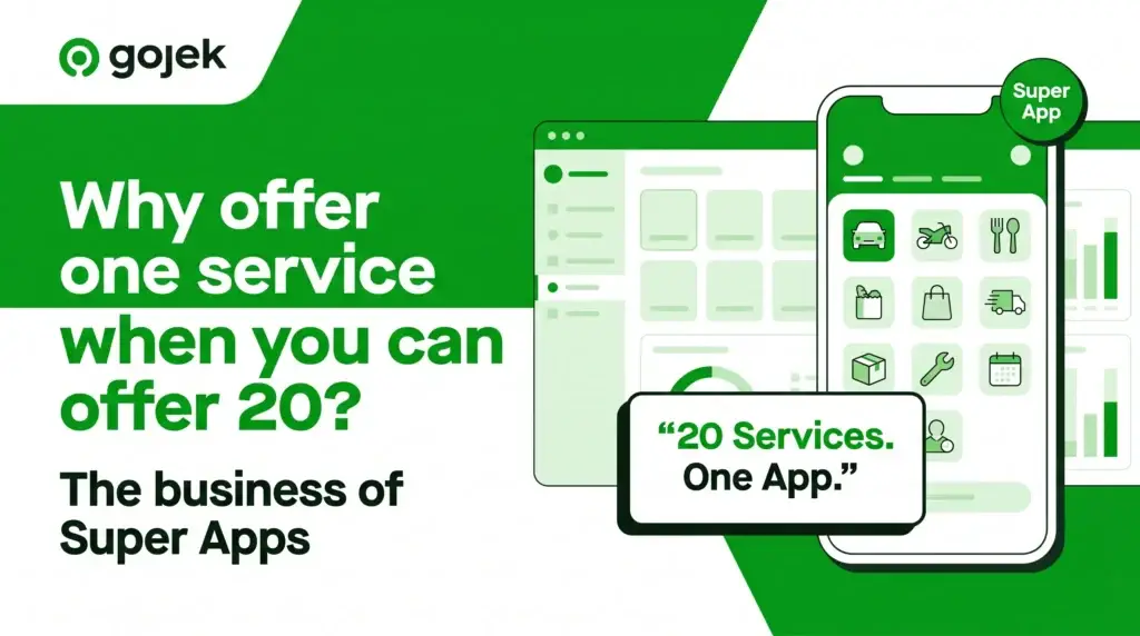 Gojek-inspired super app banner showing one mobile platform offering multiple services such as ride-hailing, food delivery, shopping, logistics, home services, bookings, and business analytics.