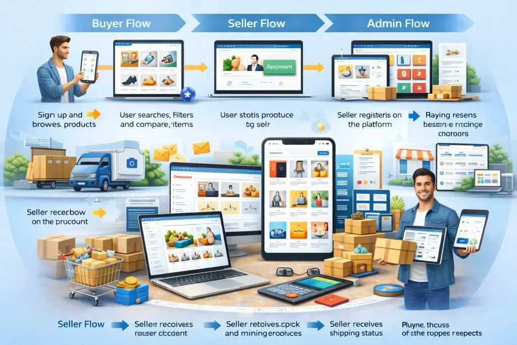 How to Build a Marketplace App Like Amazon or Alibaba in 2026 1 Entrepreneurs managing a marketplace app on multiple devices with packages and ecommerce elements