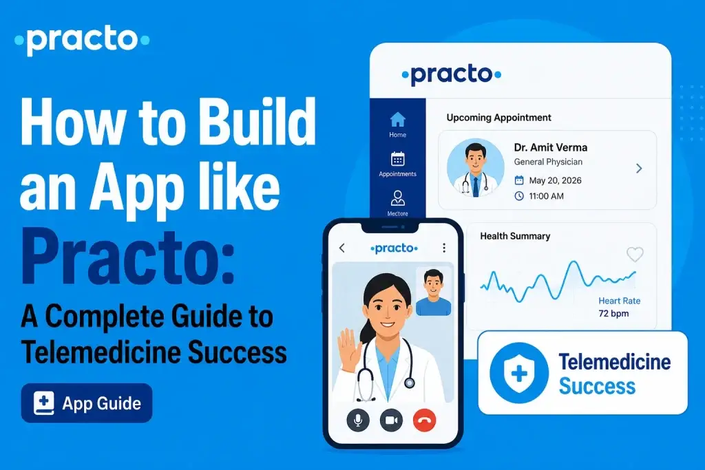 Practo-like telemedicine app development guide showing video consultation, doctor appointments, health summary, and patient dashboard