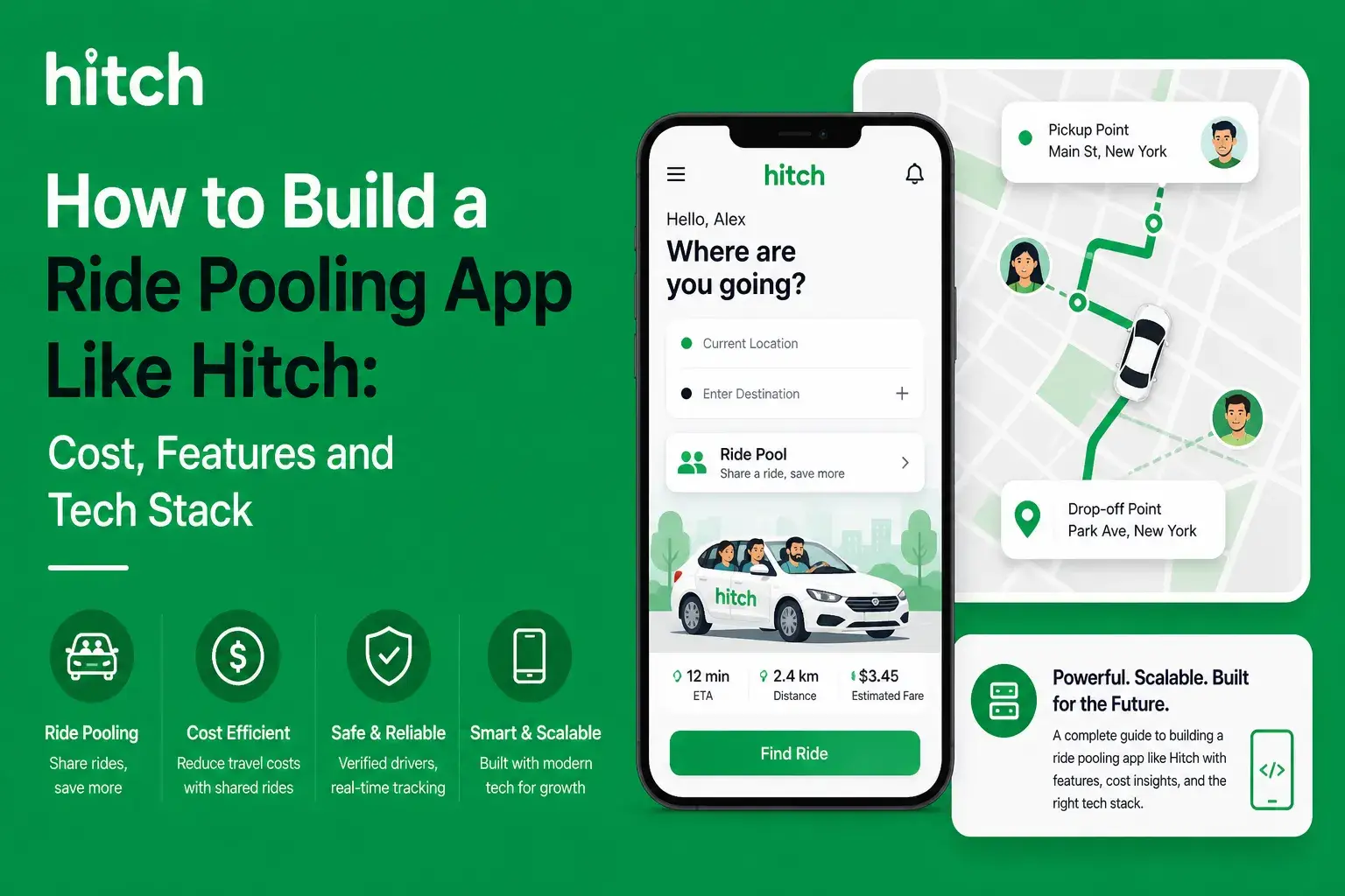 Ride pooling app like Hitch showing route matching, pickup and drop-off tracking, shared rides, estimated fare, and scalable mobility app features