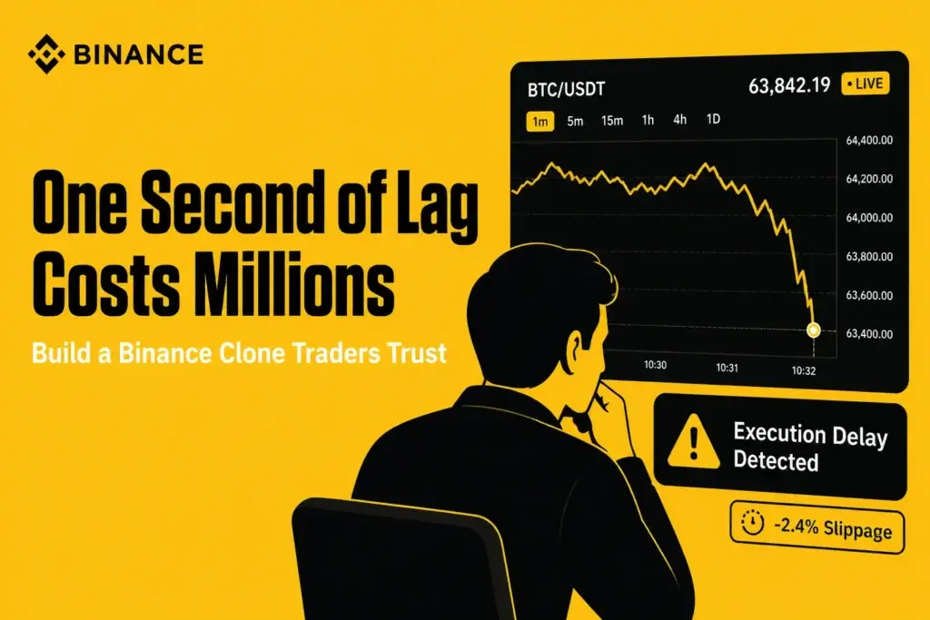 Binance clone trading platform showing execution delay, crypto price chart, slippage risk, and low-latency exchange performance