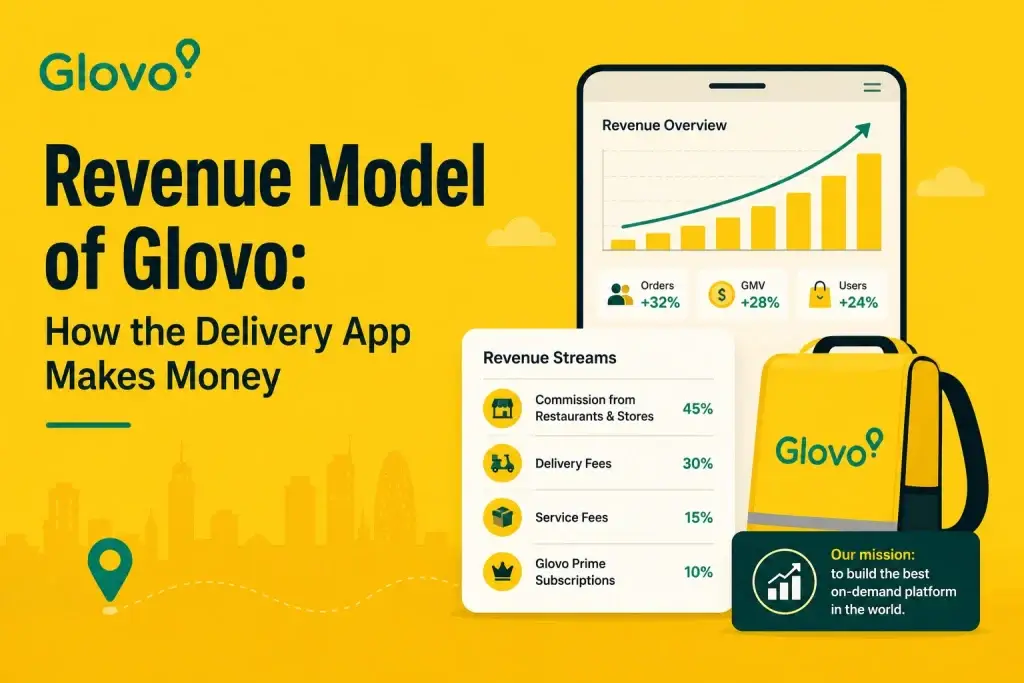 Glovo revenue model showing delivery fees commissions subscriptions and on demand app business growth