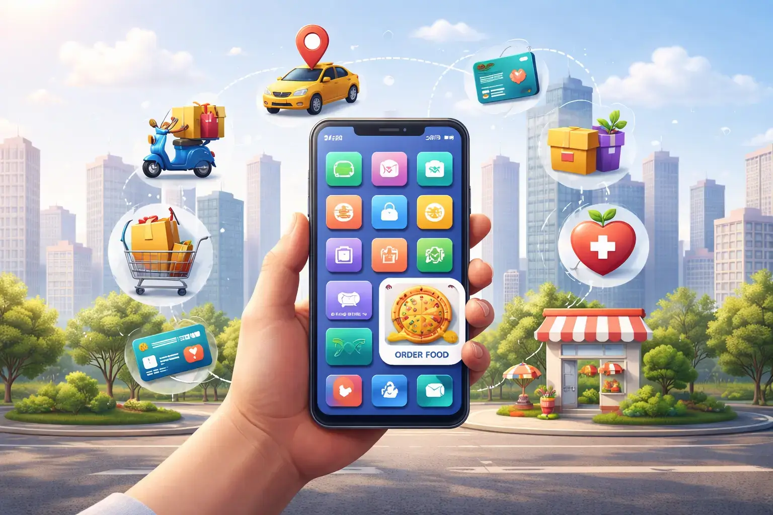 Super App Clone 56 Illustration of a hand holding a phone whose app tiles are surrounded by floating icons for a taxi, a parcel, a shopping basket and a heart.