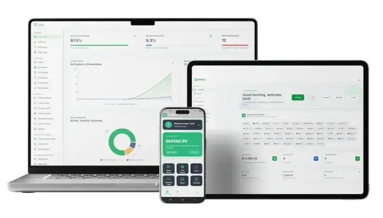 Wise Clone 23 Wise clone shown across desktop, tablet, and mobile with international transfers, currency wallets, analytics, compliance, and account operations