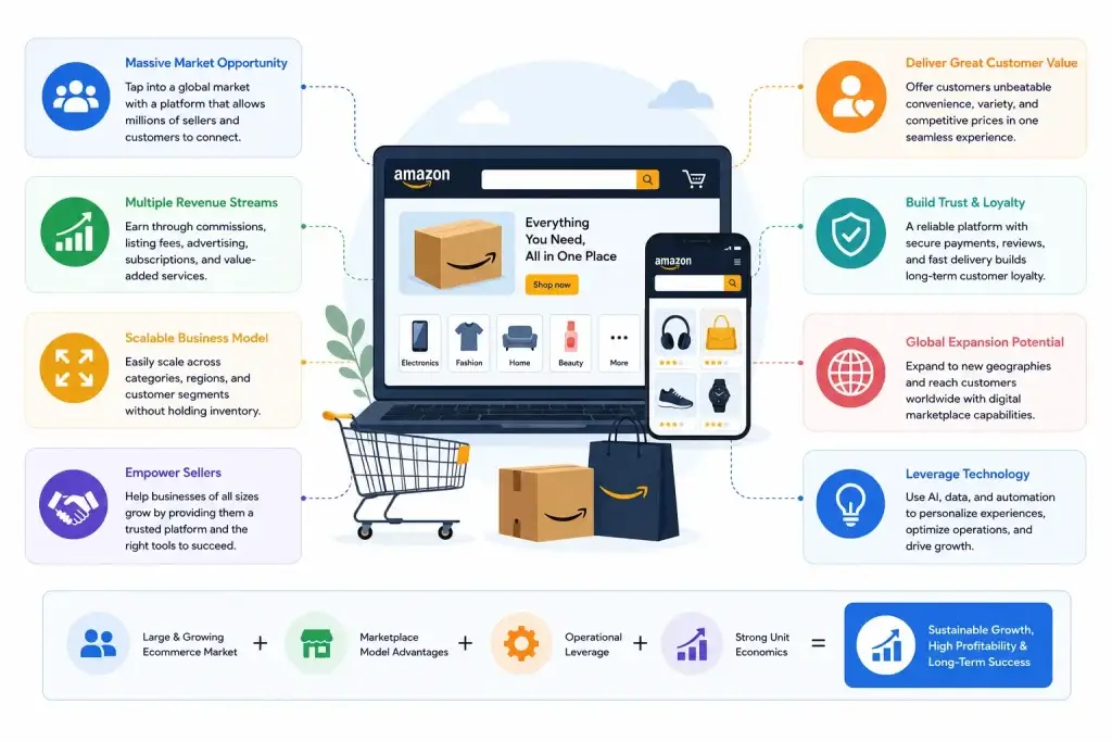 How to Build an Ecommerce Marketplace Like Amazon 1 Amazon ecommerce marketplace business model infographic showing revenue streams, seller empowerment, global expansion, customer value, and scalable marketplace growth