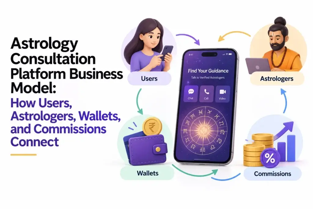 Astrology consultation platform business model connecting users, astrologers, wallets, and commissions