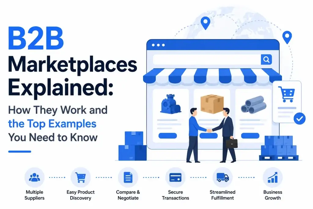 B2B marketplace infographic showing suppliers, buyers, product listings, secure transactions, logistics, and business growth workflow.