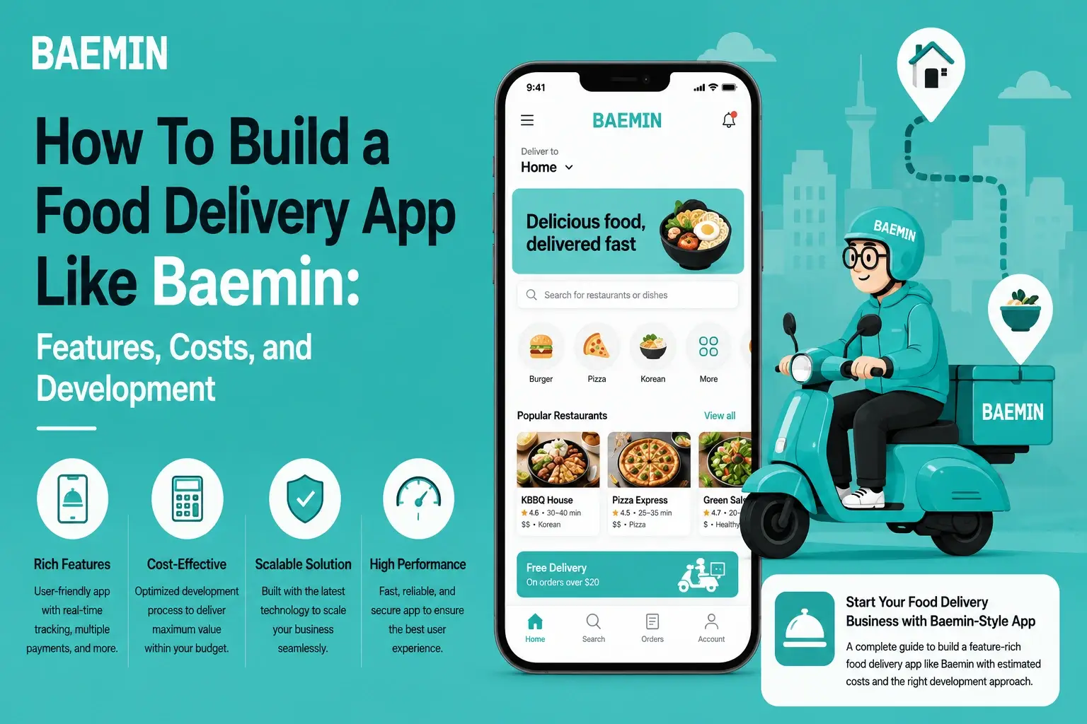 Baemin food delivery app development infographic showing delivery rider, restaurant ordering app, real-time tracking, scalable food delivery platform, and mobile ordering features